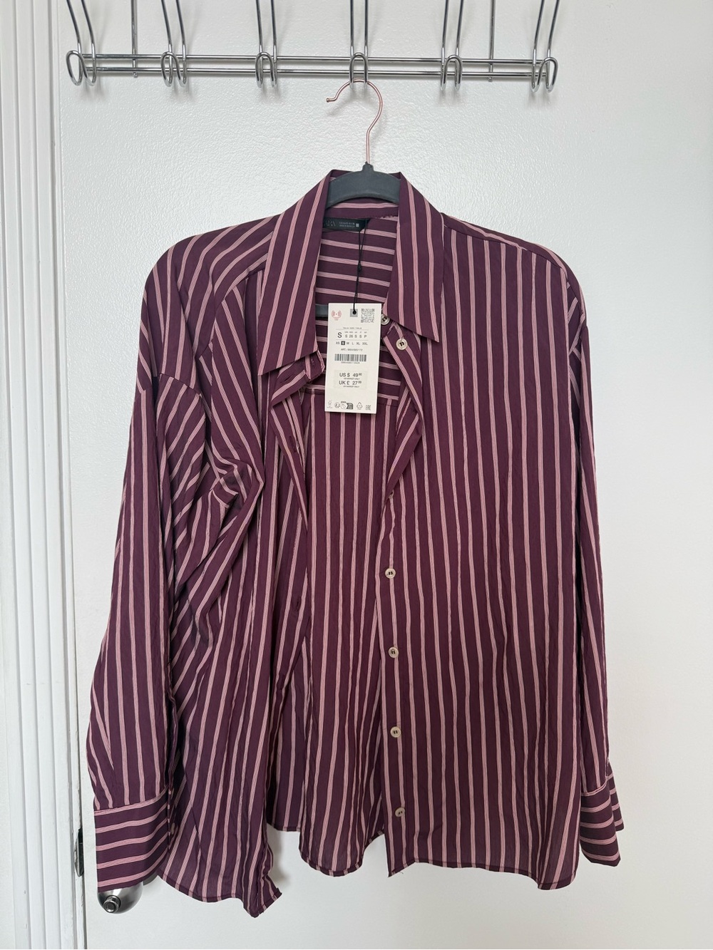 Zara Women's Burgundy and Cream Striped Button-Down Shirt